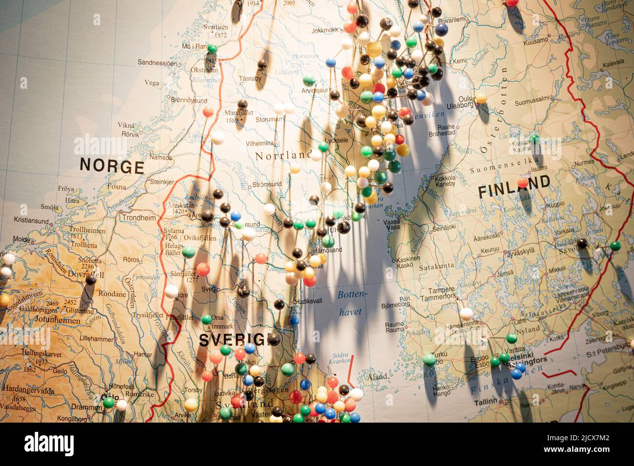 Travel plans with straight pins on the Scandinavian map, Scandinavia, Europe Stock Photo