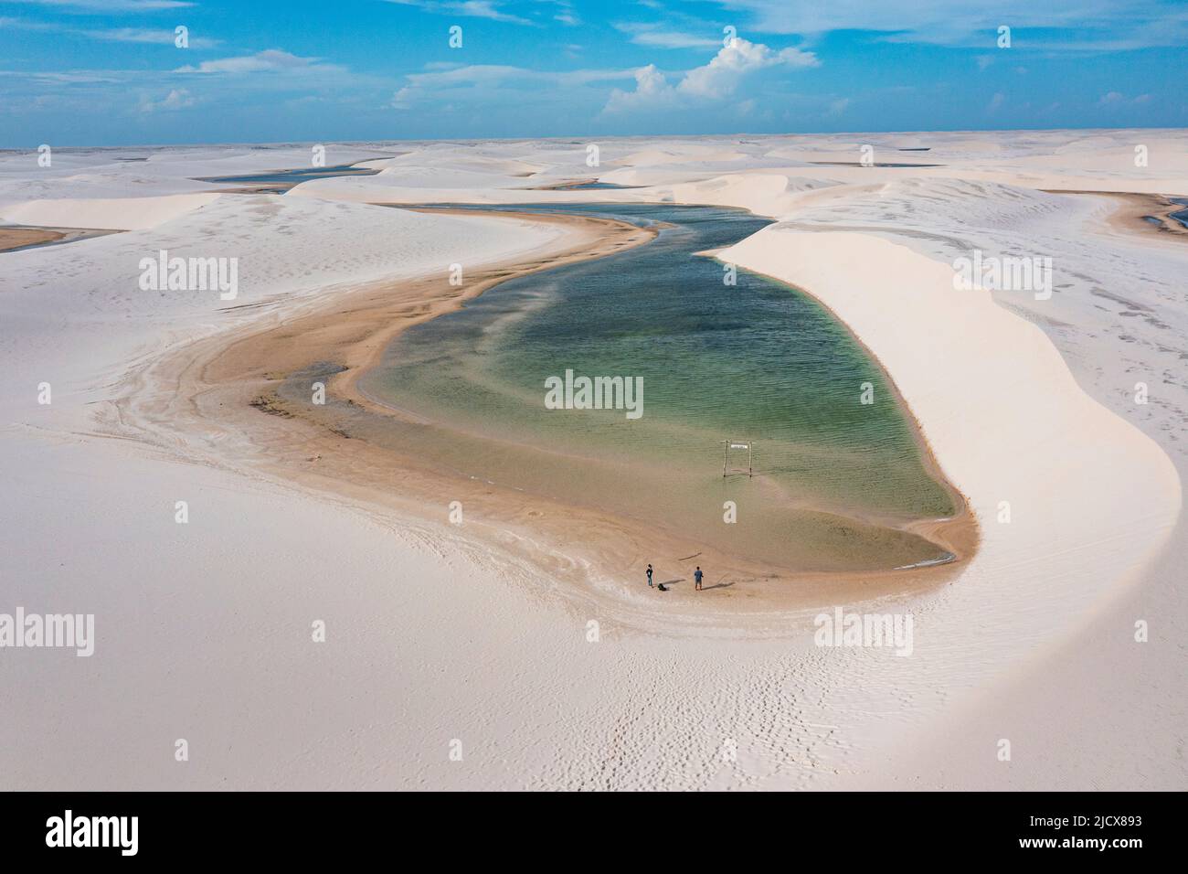 Aerial of freshwater lakes between huge sand dunes in the Lencois Maranhenses National Park, Maranhao, Brazil, South America Stock Photo