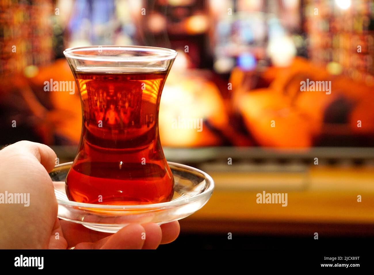 Traditional Turkish tea in thin belly glass Stock Photo