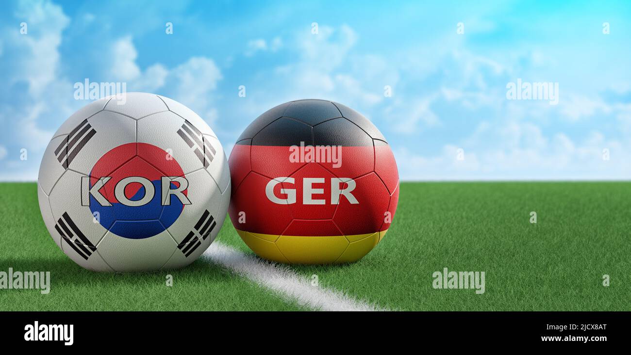 South Korea vs. Germany Soccer Match - Leather balls in South Korea and Germany national colors. 3D Rendering Stock Photo