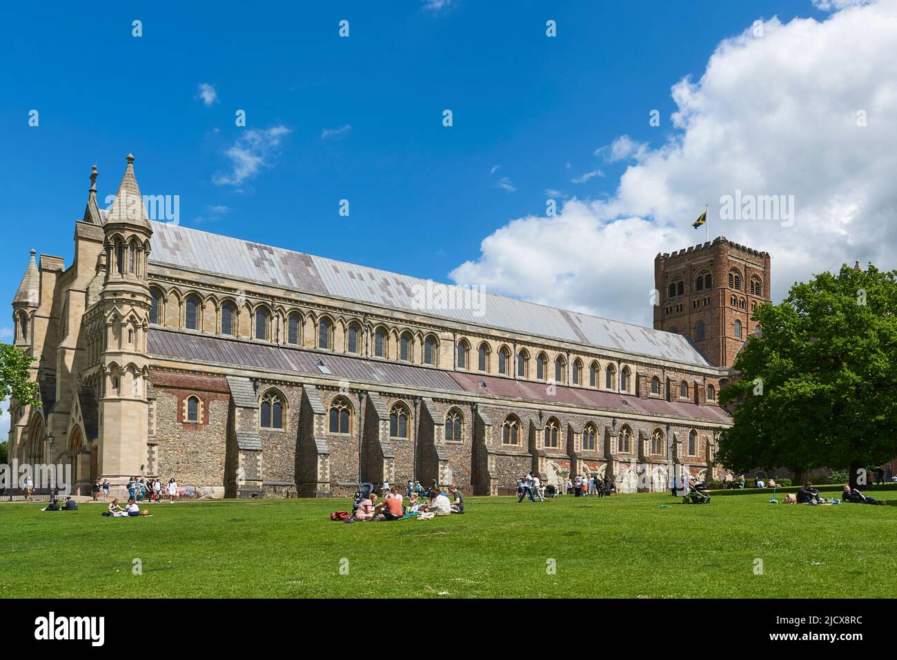 The exterior of St Albans cathedral, Hertfordshire, South East England Stock Photo