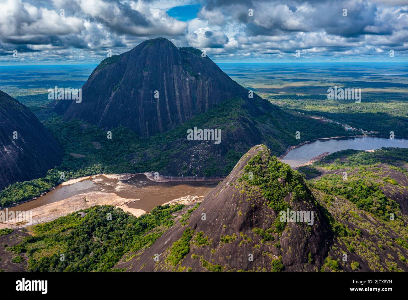 Aerial of the huge granite hills, Cerros de Mavecure, Eastern Colombia, South America Stock