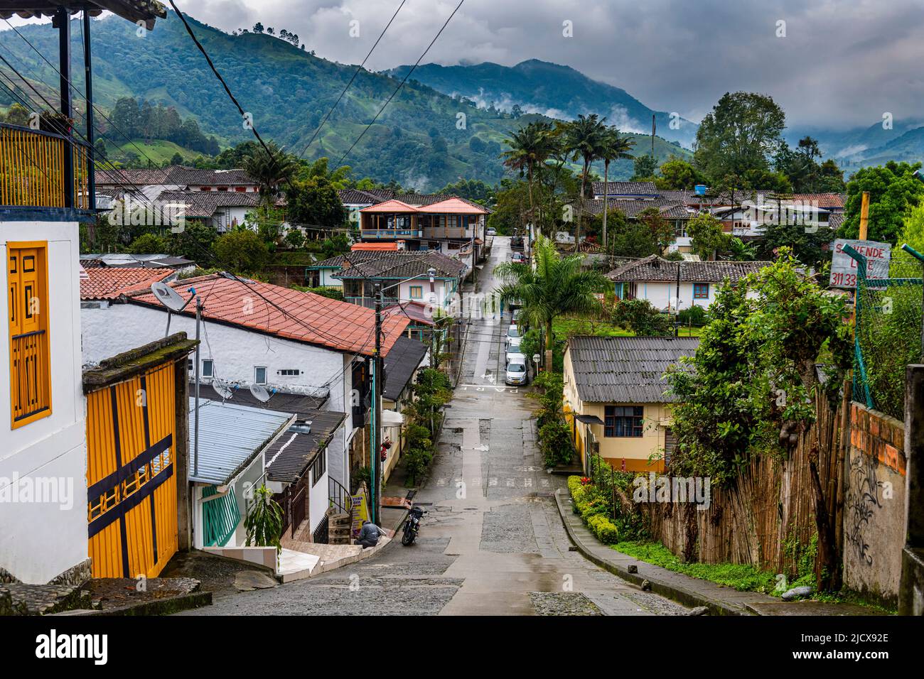 Street scene, Salento, UNESCO World Heritage Site, Coffee Cultural Landscape, Colombia, South America Stock Photo