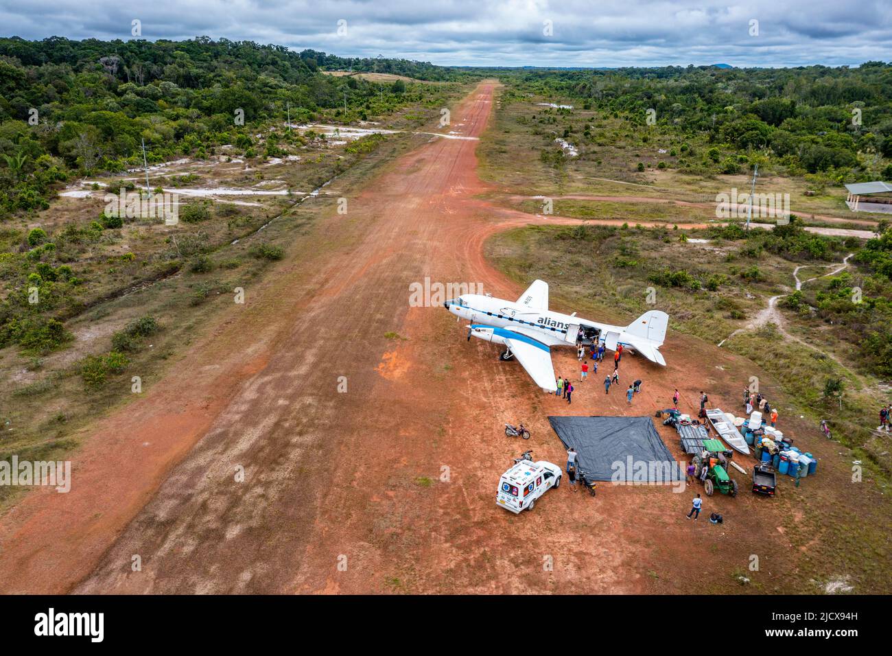 Aerial of a DC3 aircraft on a landing strip, San Felipe, Colombia, South America Stock Photo