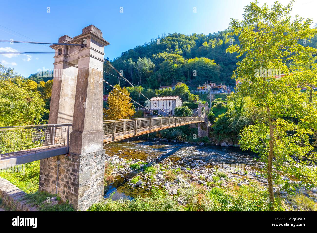 La Passerella, suspension footbridge, Bagni di Lucca, Tuscany, Italy, Europe Stock Photo