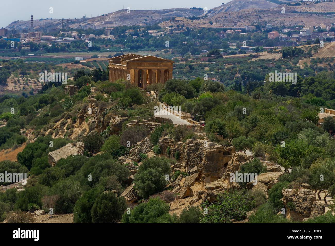 Ancient Greek temple of Concordia, panoramic day view in the Valle dei Templi, Agrigento, UNESCO World Heritage Site, Sicily, Italy, Mediterranean Stock Photo