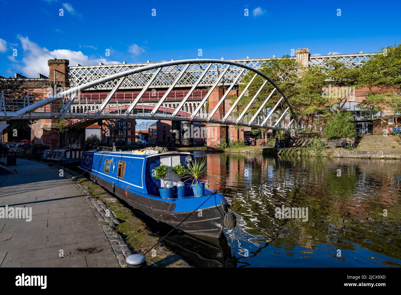 Canal boat moored at Castlefield, Manchester, Lancashire, England, United Kingdom, Europe Stock Photo