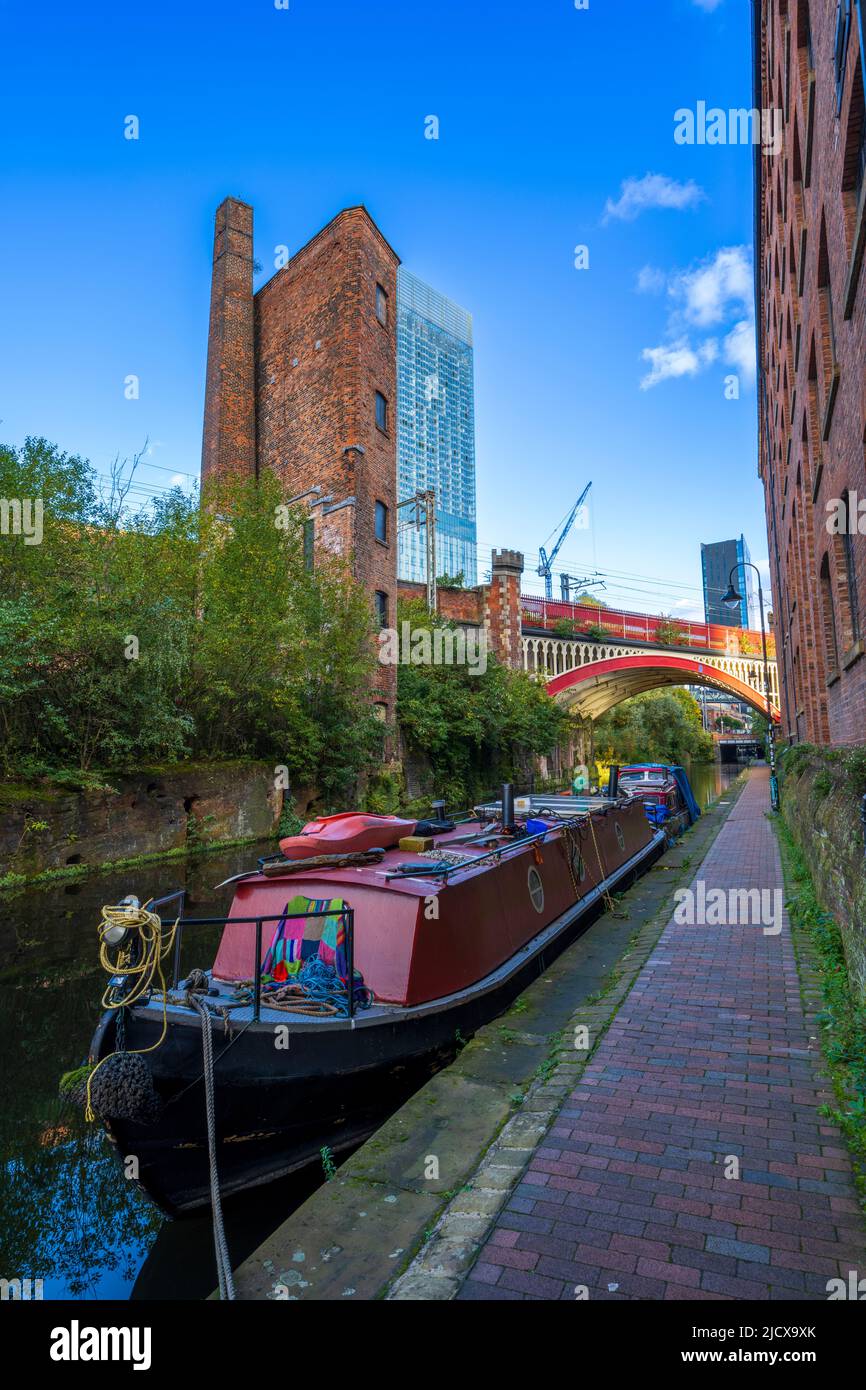 Manchester Canal with barges at Castlefield, Manchester, Lancashire, England, United Kingdom, Europe Stock Photo
