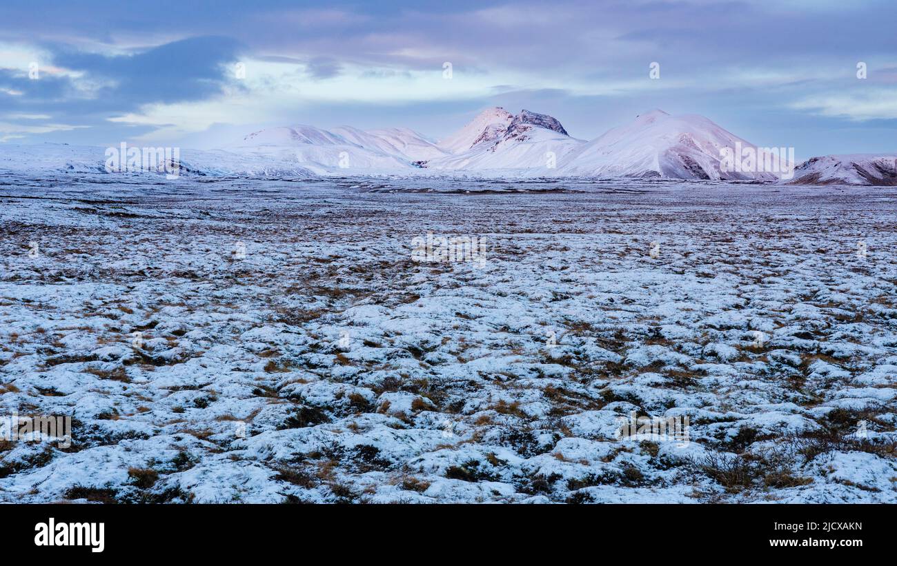 Snow-capped mountains at twilight, Thingvellir National Park, UNESCO World Heritage Site, Iceland, Polar Regions Stock Photo