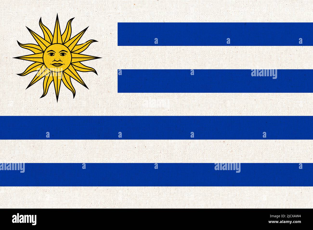 Flag of Uruguay. Uruguayan flag on fabric surface. Fabric texture. Uruguayan national flag on patterned background. Oriental Republic of the Uruguay Stock Photo