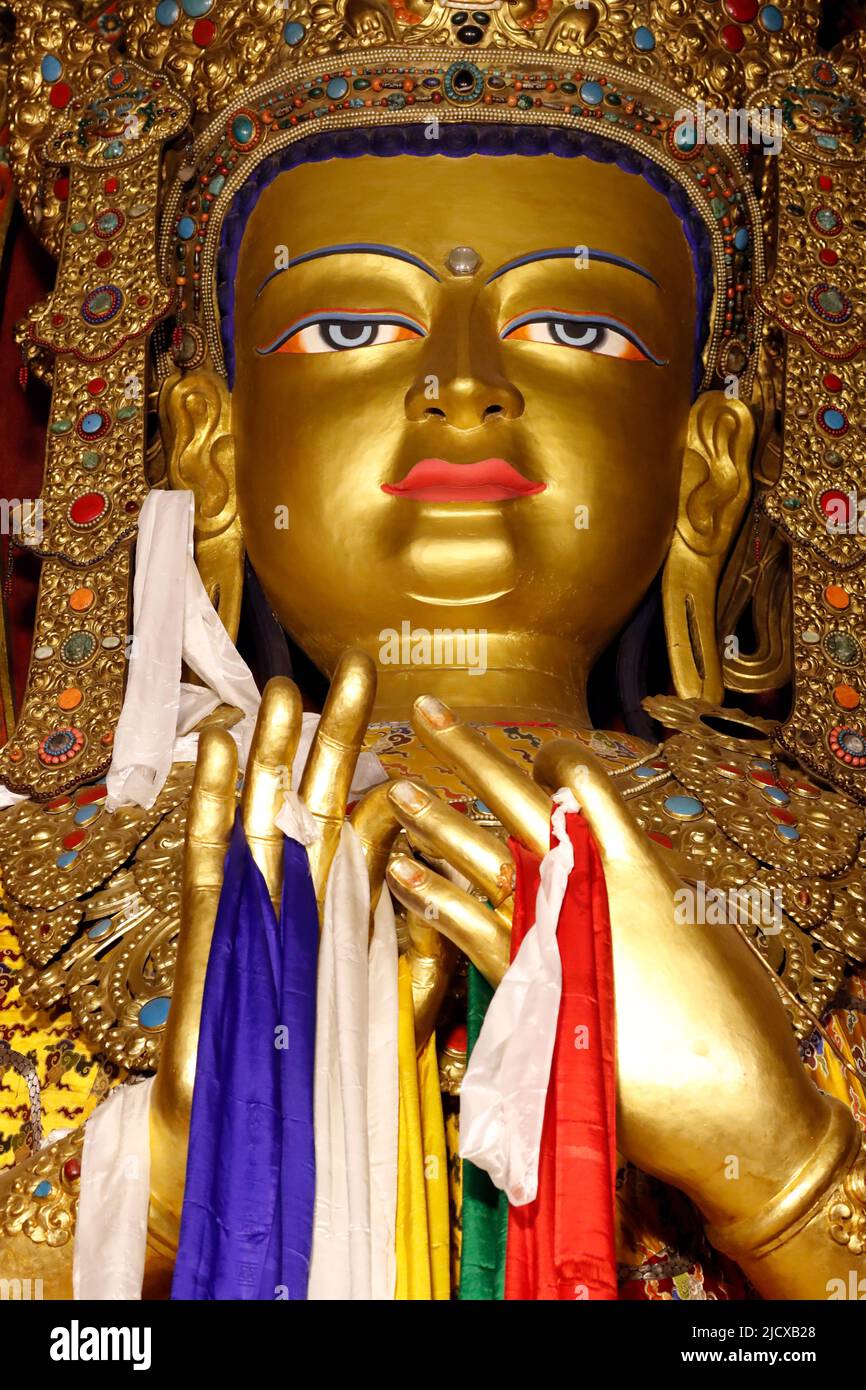 Golden Sakyamuni Buddha in a cloister prayer hall, Kathmandu, Nepal, Asia Stock Photo