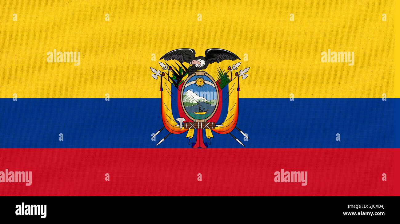 Flag of Ecuador. Ecuadorian flag on fabric surface. Fabric texture. Uruguayan national flag on patterned background. Republic of Ecuador Stock Photo