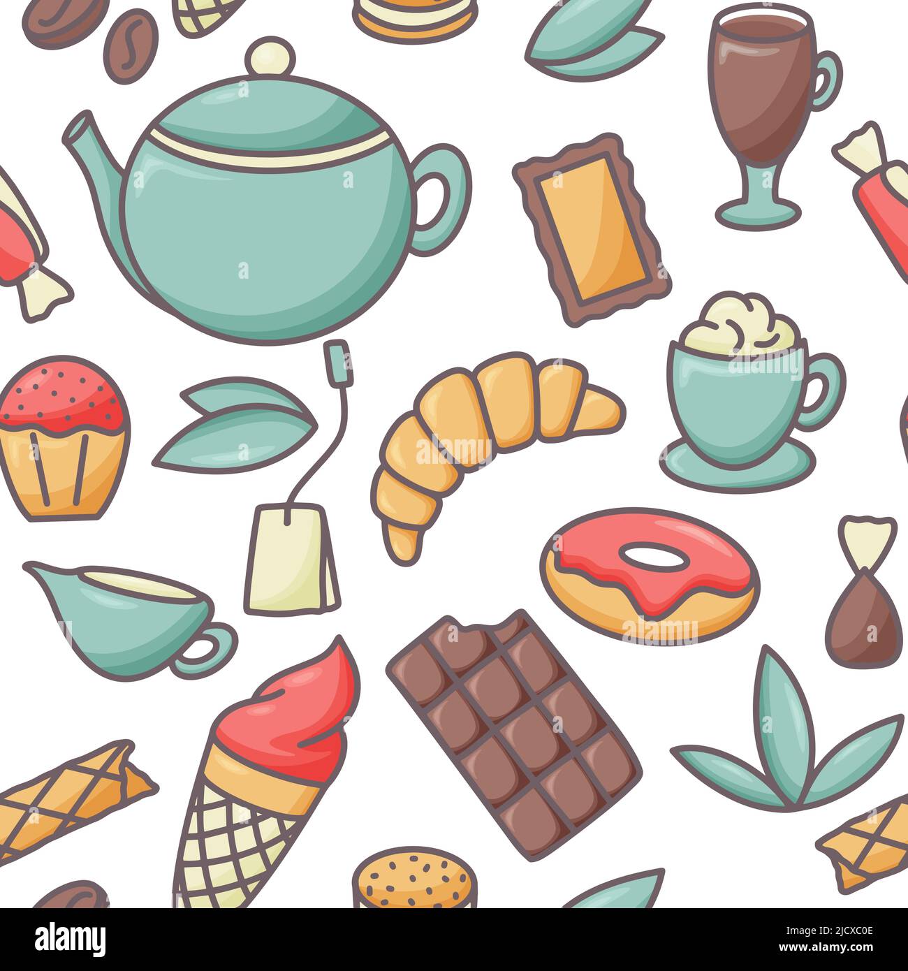 Coffee tea croissants and pastries seamless pattern Stock Vector