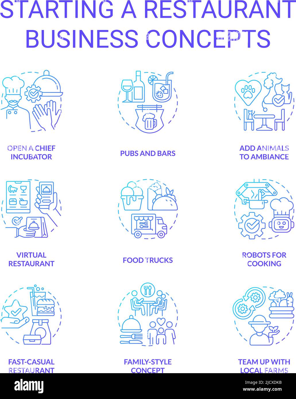 Starting restaurant business blue gradient concept icons set Stock ...