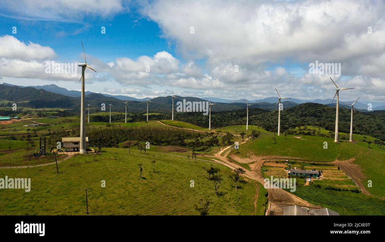 Wind turbines producing clean sustainable energy, clean energy future. Wind power plant