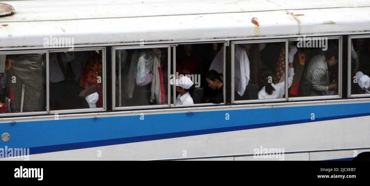 North Korea bus passing by front of Koryo hotel in Pyong yang, central of North Korea on Oct 3, 2007. Stock Photo