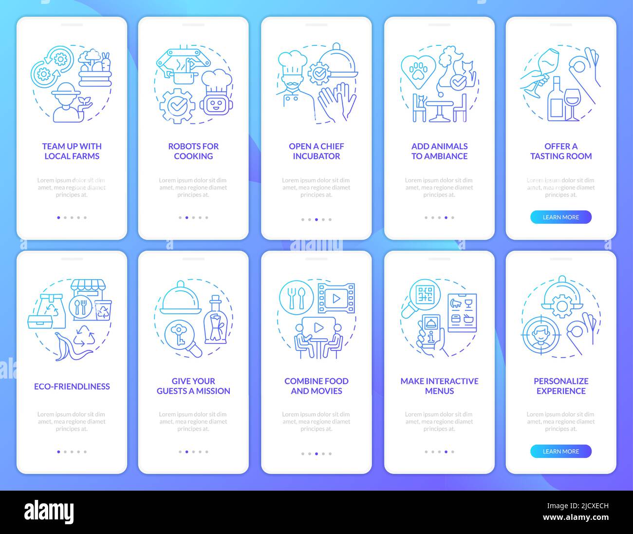 Restaurant business plan blue gradient onboarding mobile app screen set Stock Vector