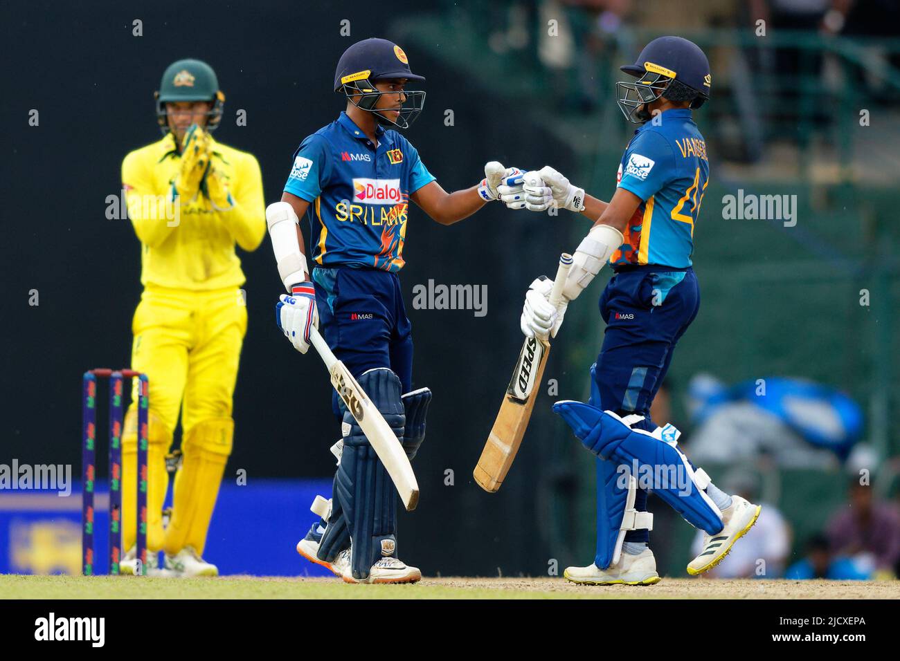 Kandy, Sri Lanka. 16th June 2022.  Sri Lanka's Jeffrey Vandersay(R) and Dunith Wellalage(L) bump fists during the 2nd ODI cricket match between Sri Lanka vs Australia at the Pallekele International Cricket Stadium in Kandy on 16th June, 2022. Viraj Kothalwala/Alamy Live News Stock Photo