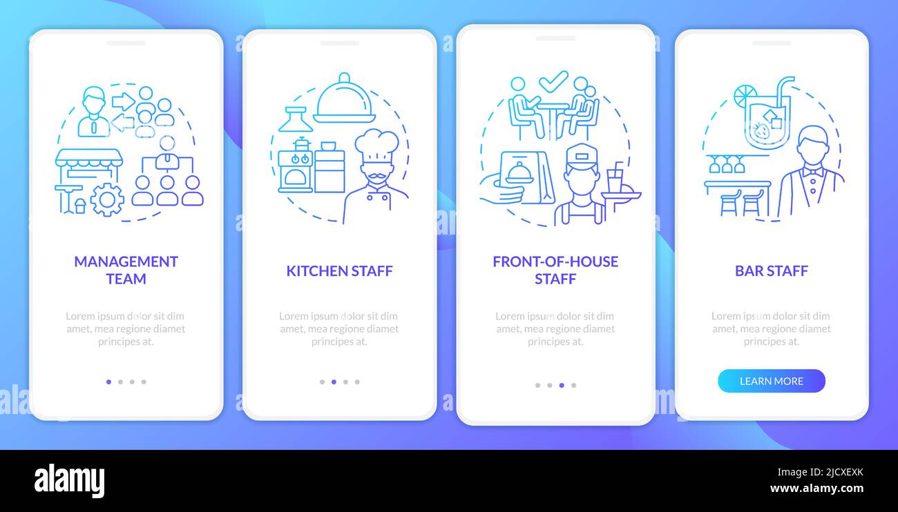 Key positions in restaurant blue gradient onboarding mobile app screen Stock Vector