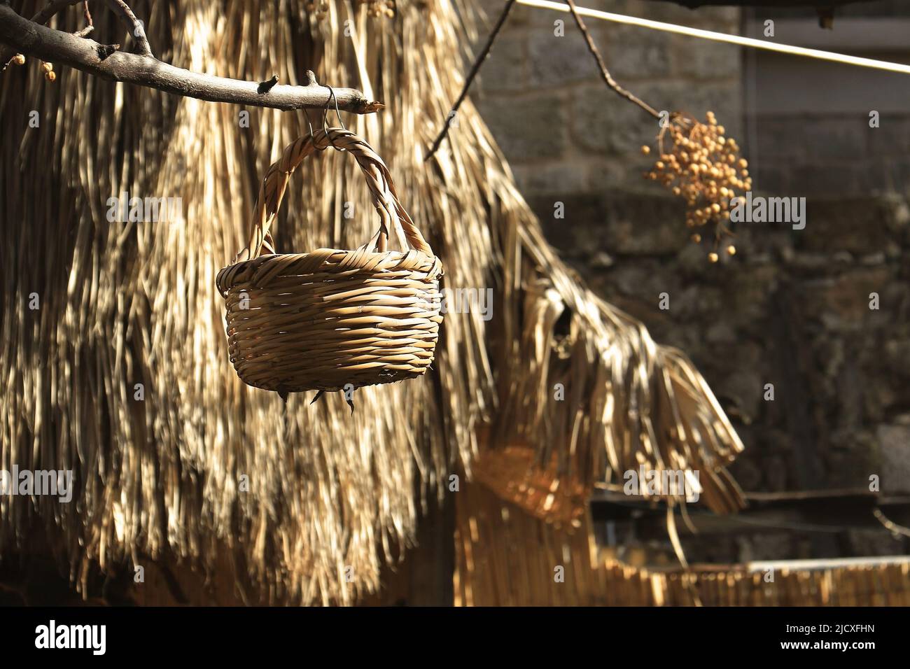 A wicker container, called artal in Lebanon, hanging from a tree branch