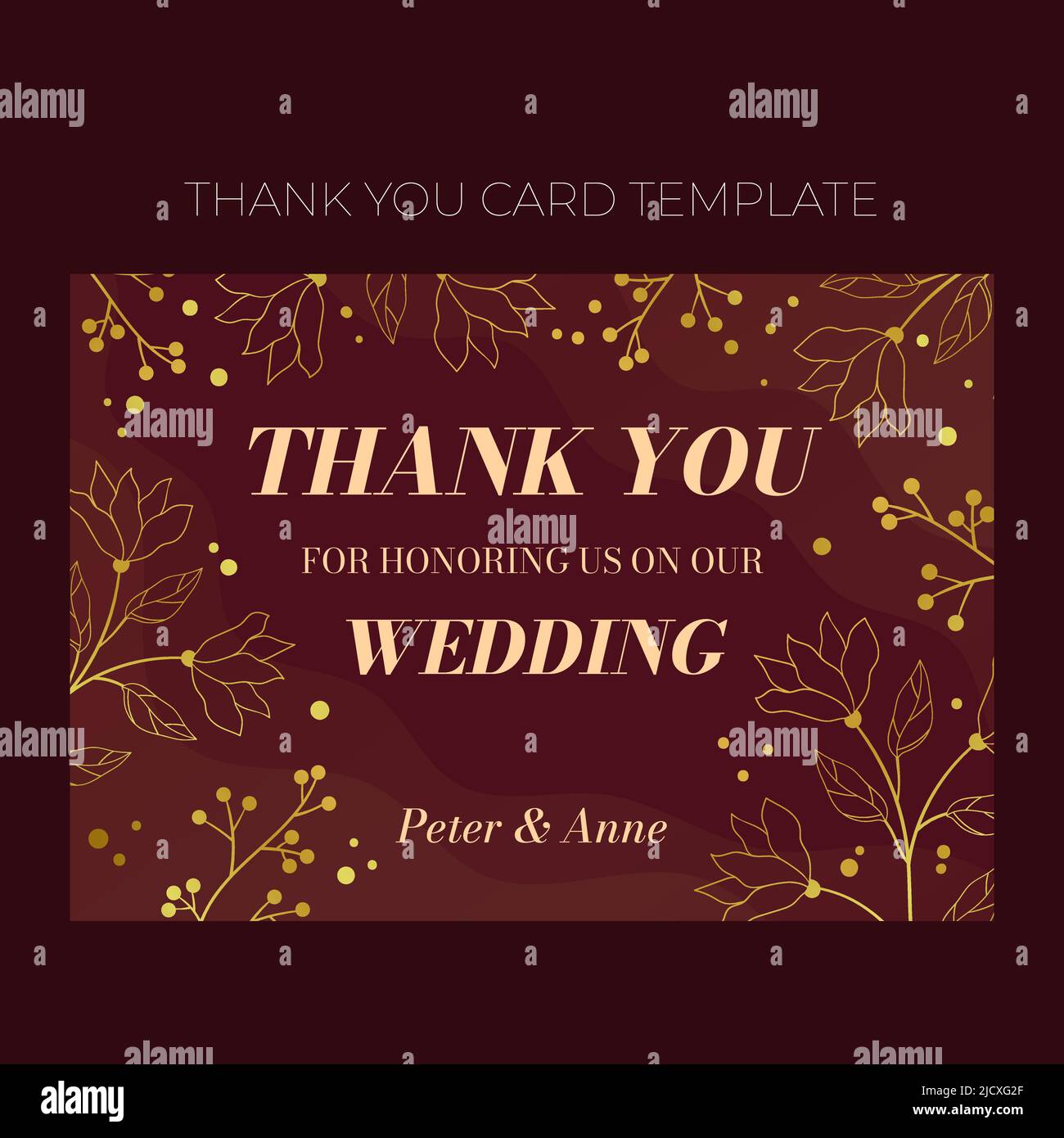 Floral wedding Thank you card template in elegant golden style