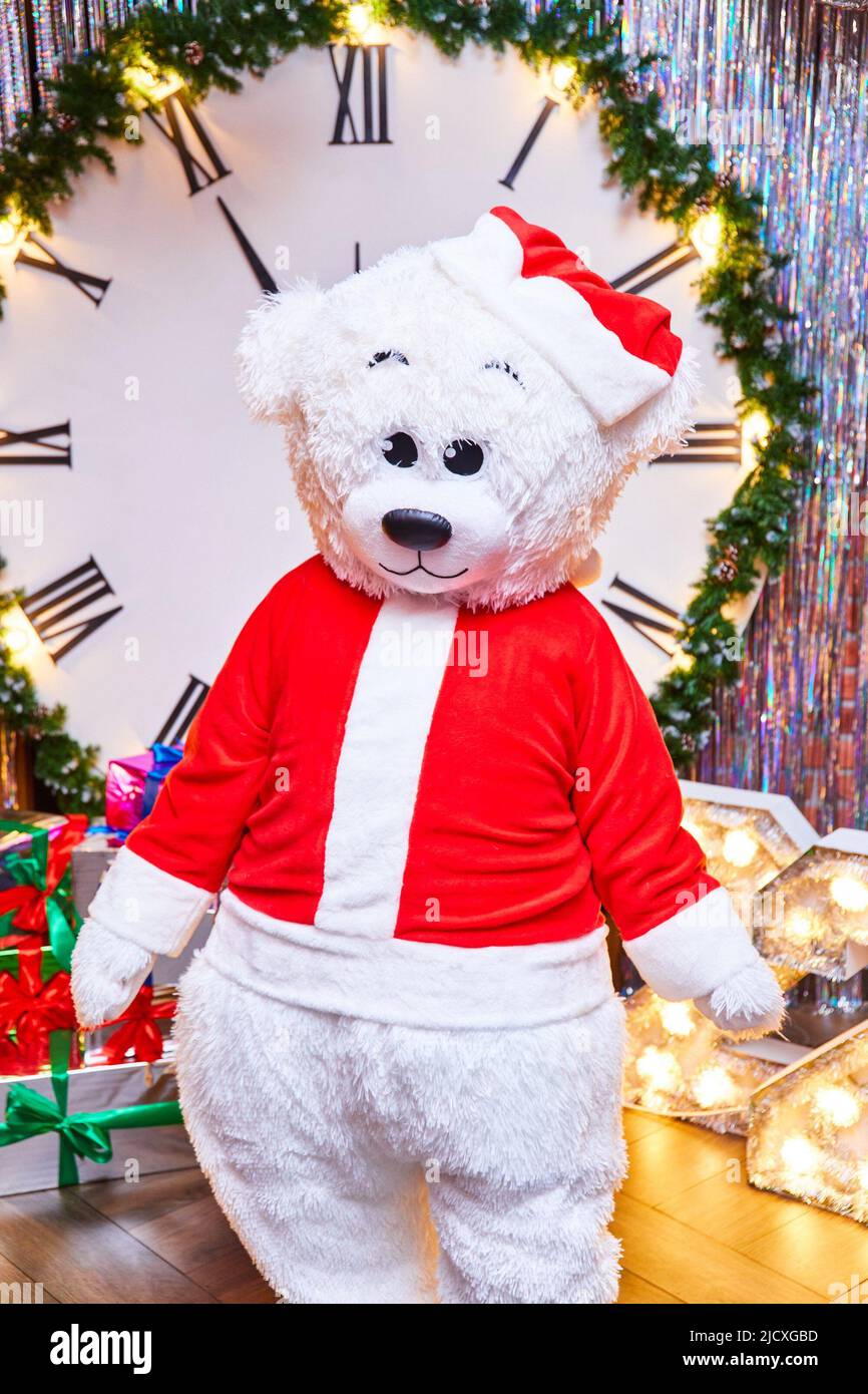Human in white bear new year suit Stock Photo Alamy