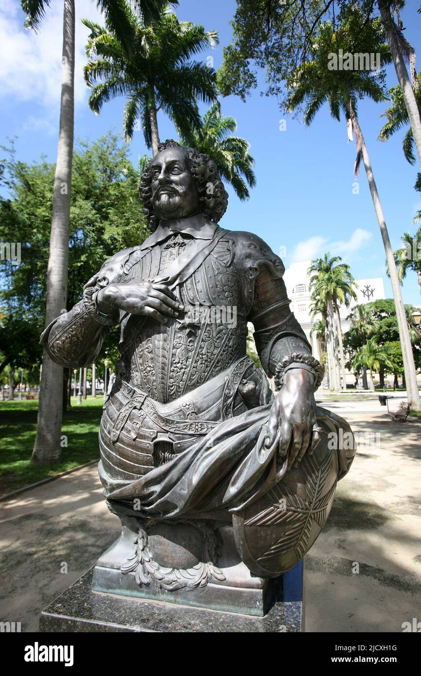 Brazil, Recife, Statue of Maurits van Nassau who was governer in the beginning of the 17th century for kolonial power The Netherlands. Stock Photo