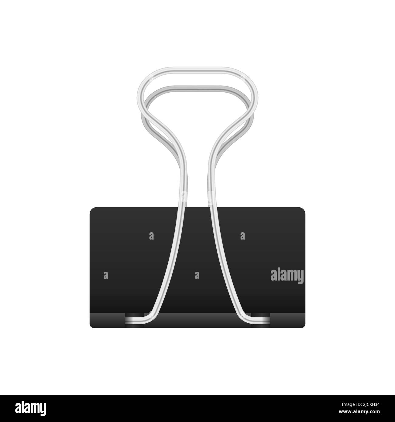 Set of multicolored binder clips on a piece of paper on a transparent background. Clerical clothespin. Stock Vector