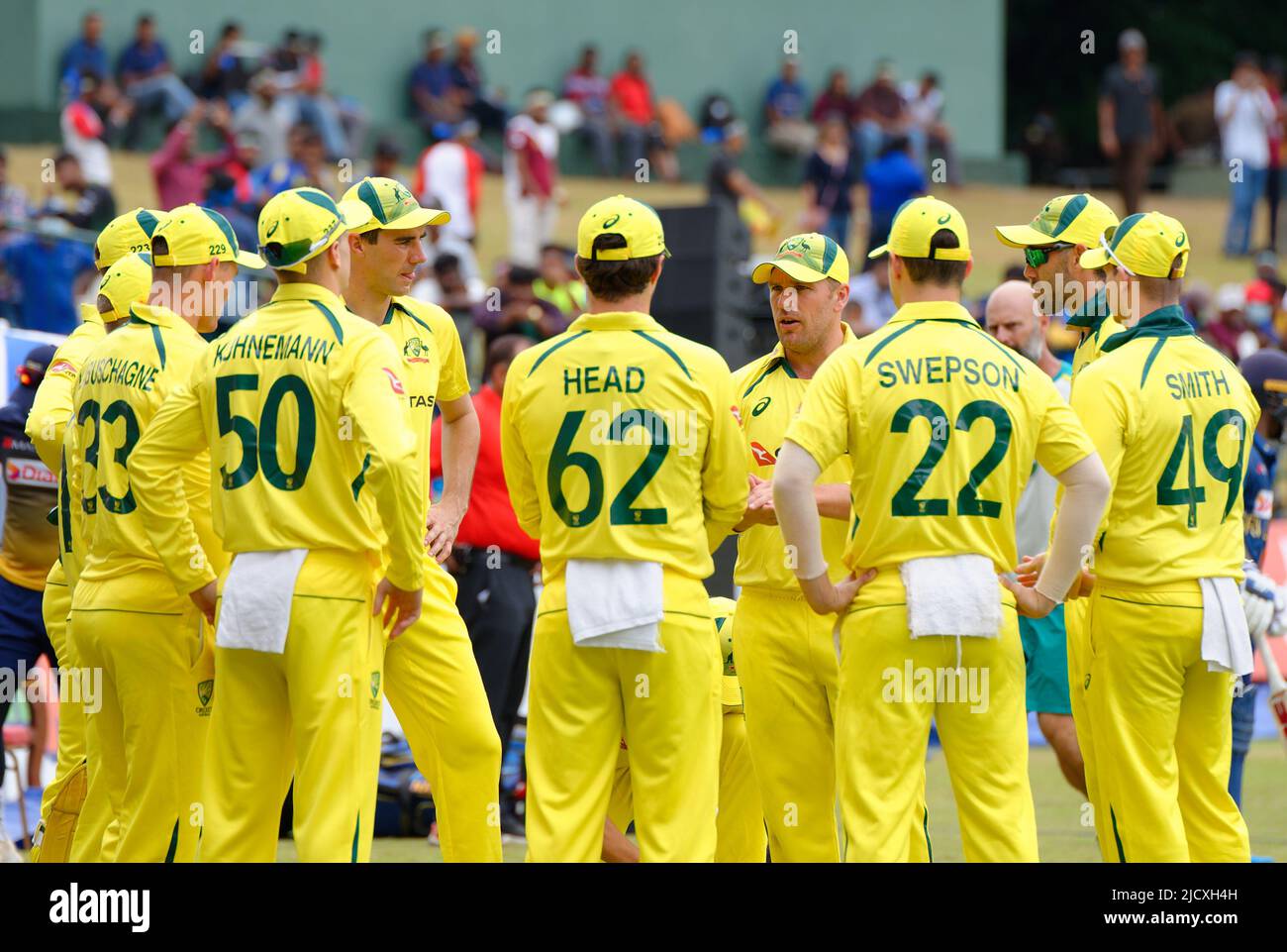 Kandy, Sri Lanka. 16th June 2022. Australia team in a huddle before bowling during the 2nd ODI