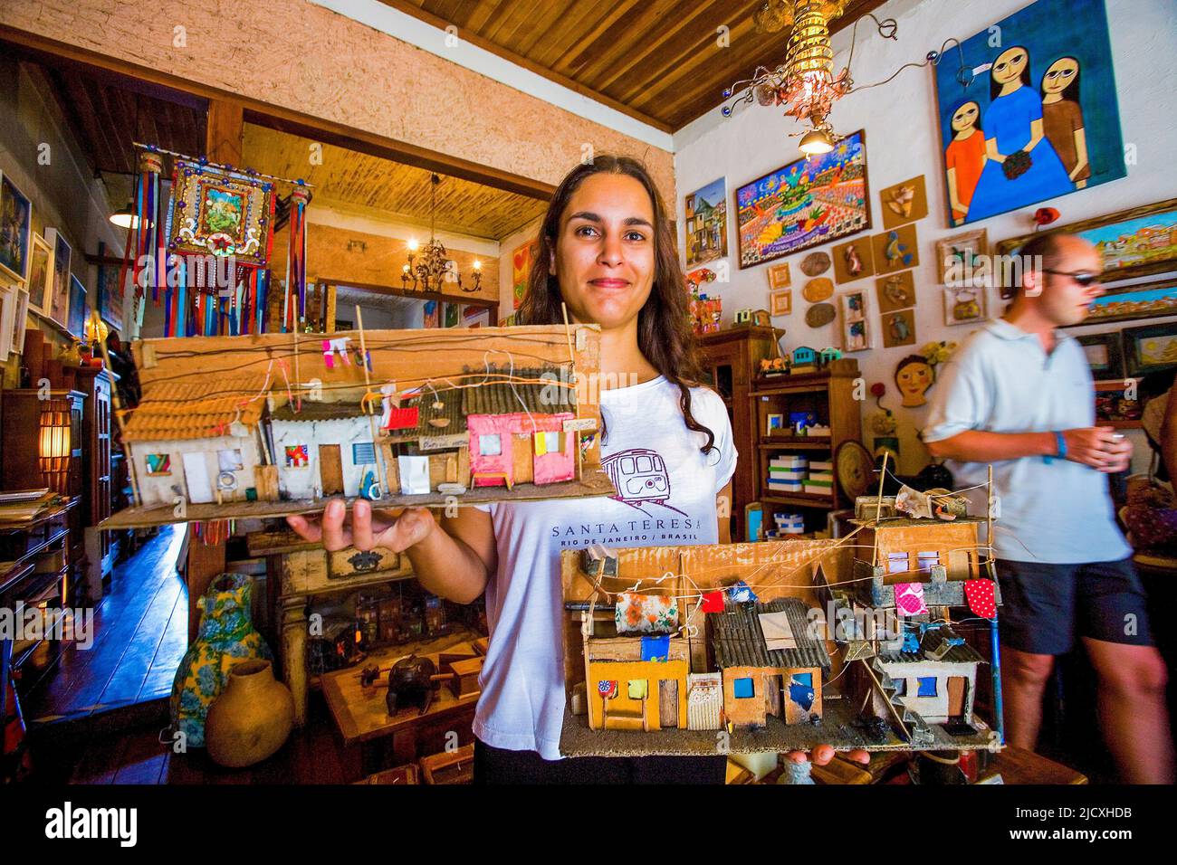 Brazil, Rio de Janeiro, souvenirshop in Santa Teresa selling handicrafts made in favelas or slums. The souvenirs are resembling the housing in the fav Stock Photo