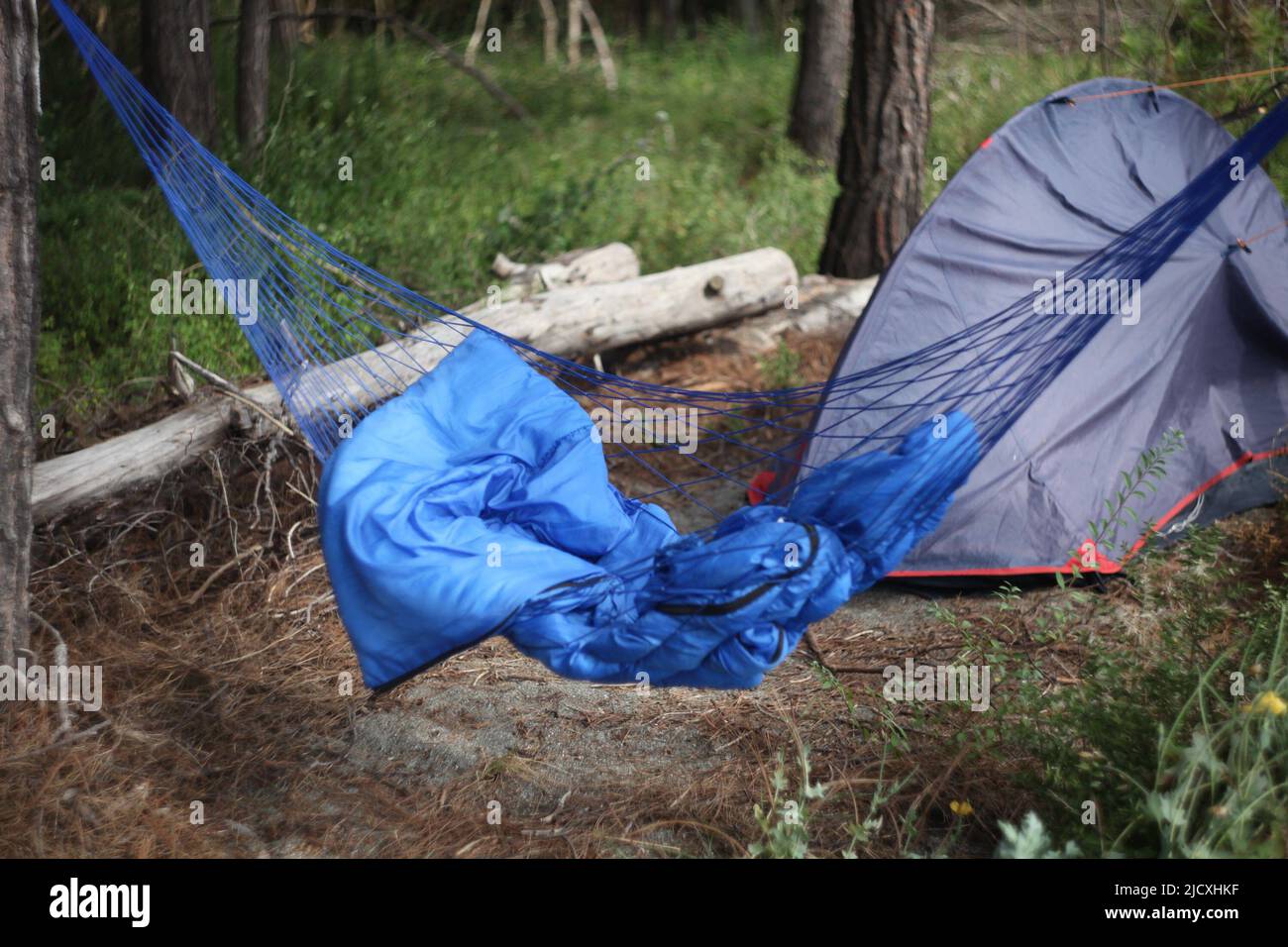 Blue hammock with sleeping bag in summer Stock Photo Alamy
