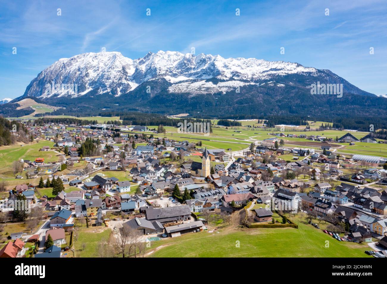 Bad Mitterndorf in Styria during springtime. Scenic aerial panorama of the famous touristic destination in Austria. Stock Photo