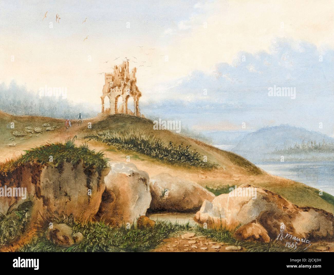George Sand, painting, Landscape with a Fantastic Castle, watercolour, 1865 Stock Photo