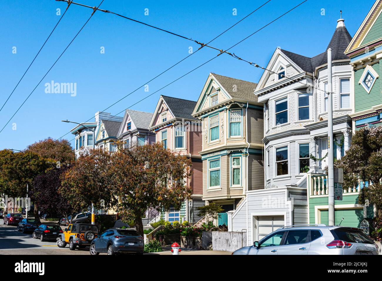 San Francisco,California,USA - April 18, 2022 : Colorful row houses  in Clayton street Stock Photo