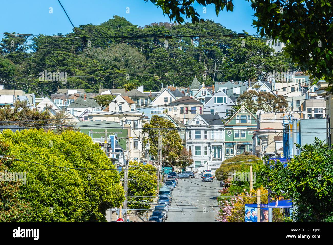 San Francisco,California,USA - April 18, 2022 : Colorful row houses  in Clayton street view from Carl Street Stock Photo
