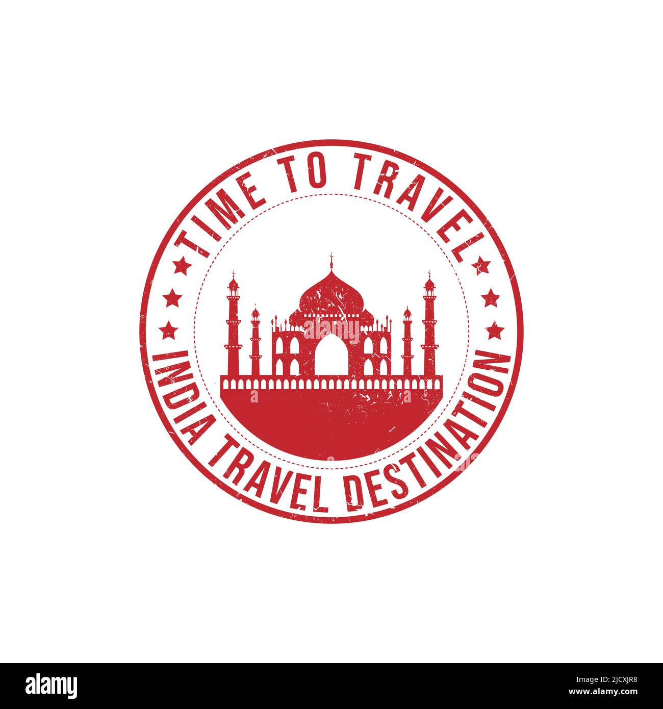 Grunge rubber stamp with the text India travel destination written inside the stamp. Time to travel. Silhouette of Taj mahal vector image Stock Vector