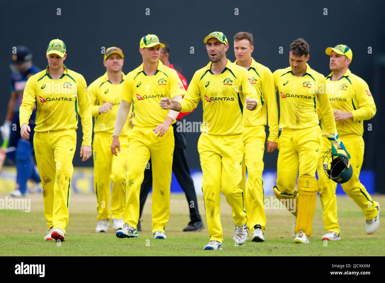 Kandy, Sri Lanka. 16th June 2022. Australia team celebrates after taking the wicket of Sri Lanka