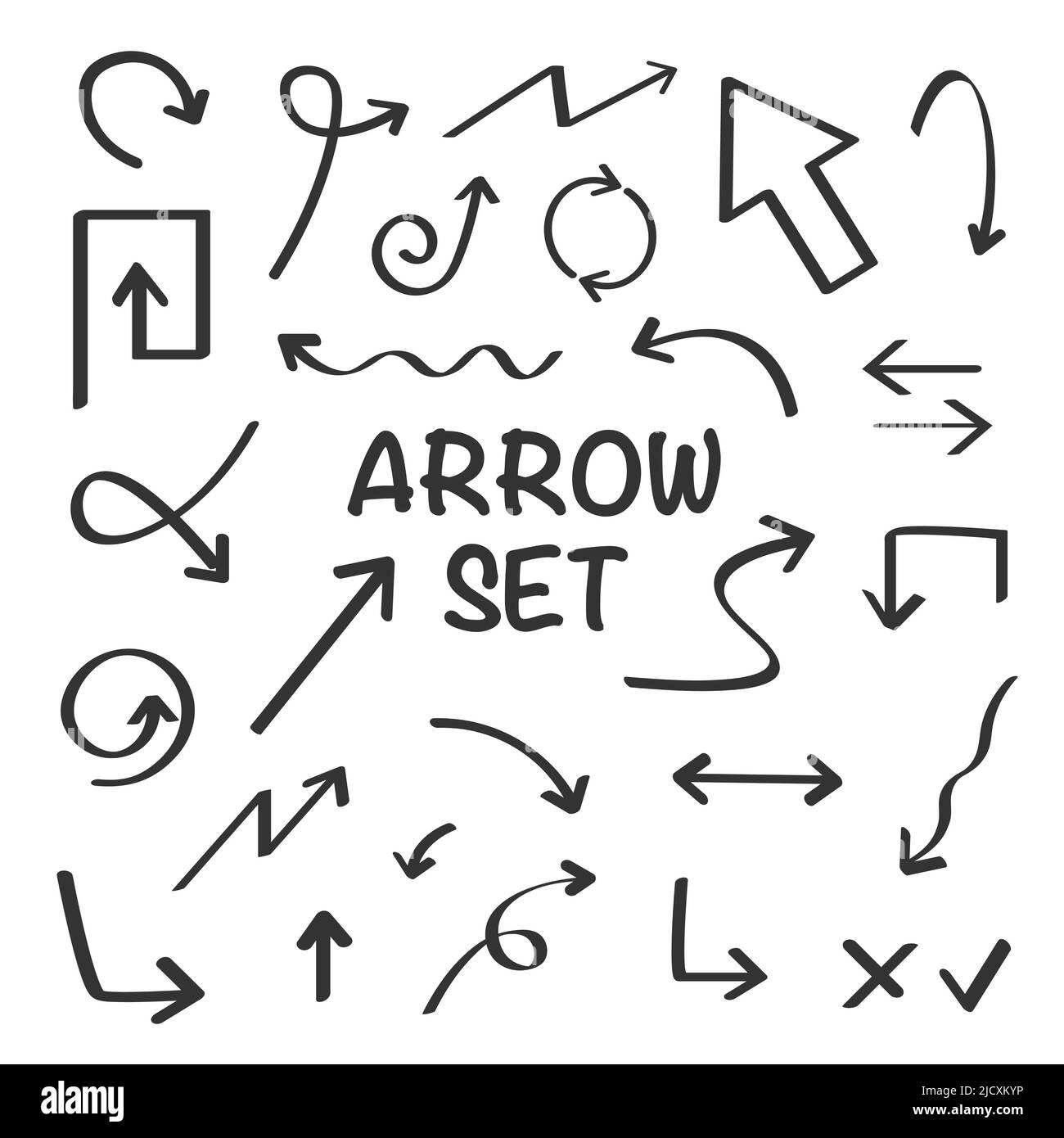 Isolated vector hand drawn arrows set on a white background. Stock Vector