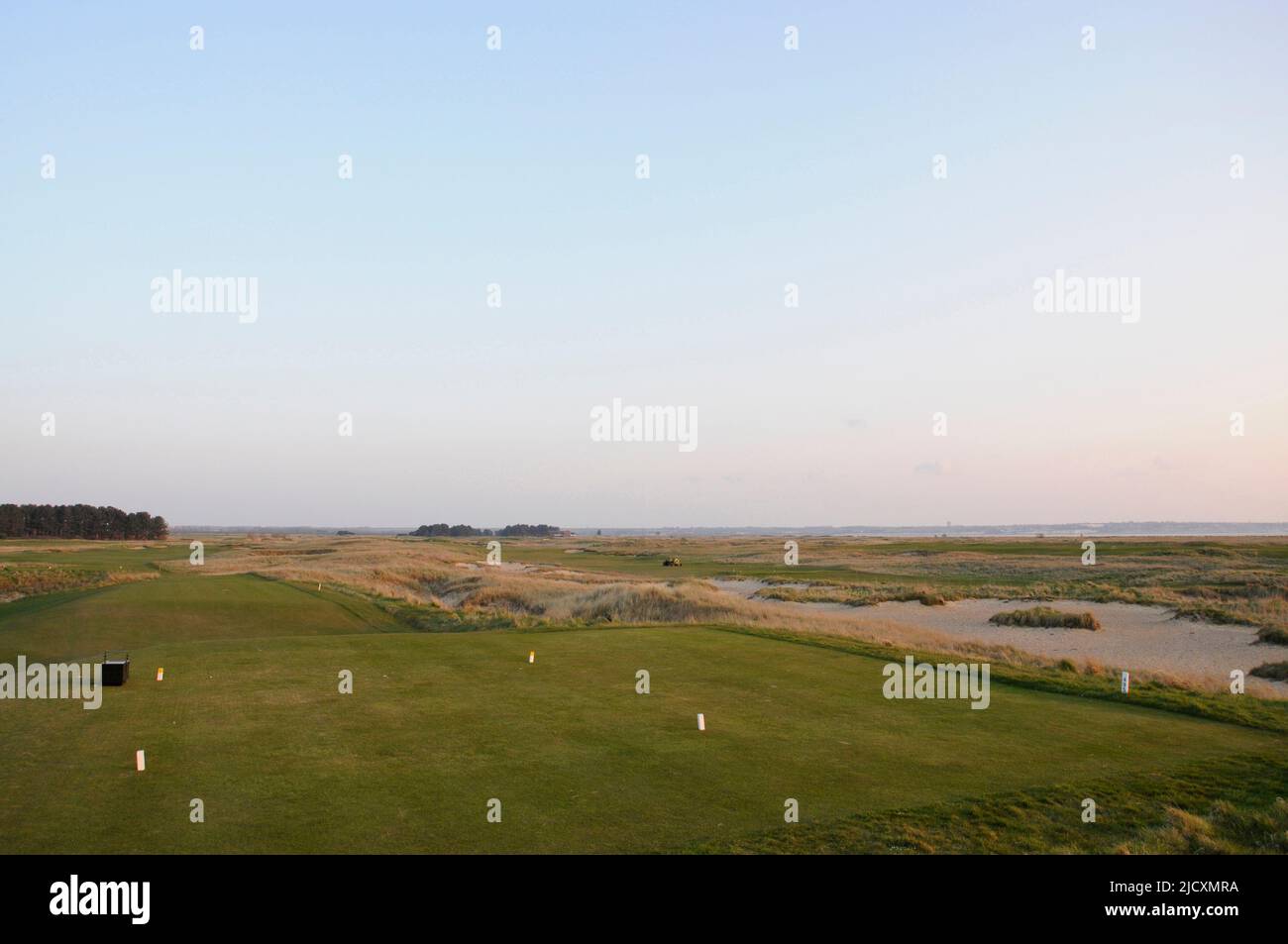 view over 6th Tee on The Dunes Course, towards the Clubhouse; Princes Golf Club, Sandwich, Kent, England Stock Photo