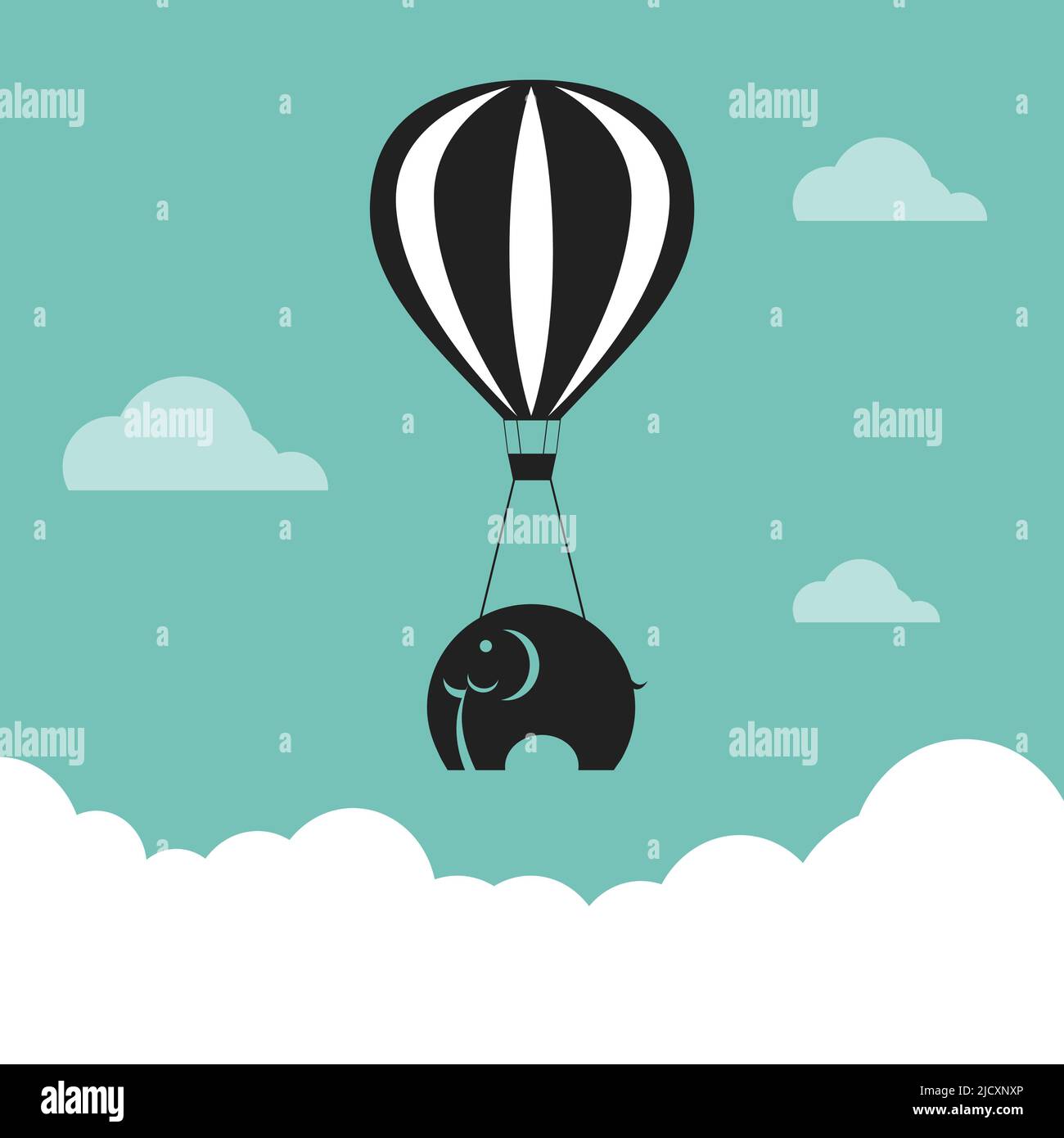 Vector image of elephant with balloons in the sky. Stock Vector