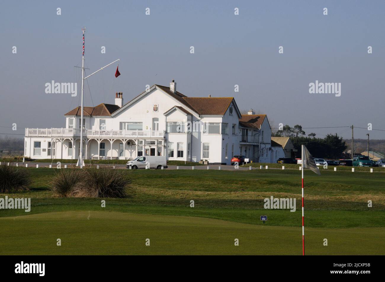 View over the 18th Green to the Clubhouse, Royal Cinque Ports Golf Club, Deal, Kent, England Stock Photo