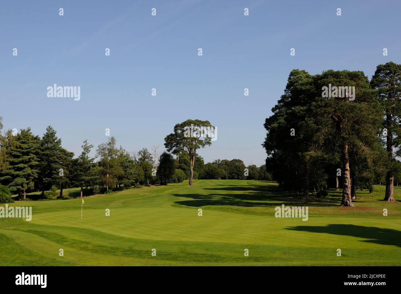 View of the 18th Green and fairway on the Longcross Course, Foxhills Country Club, Ottershaw, Surrey, England Stock Photo