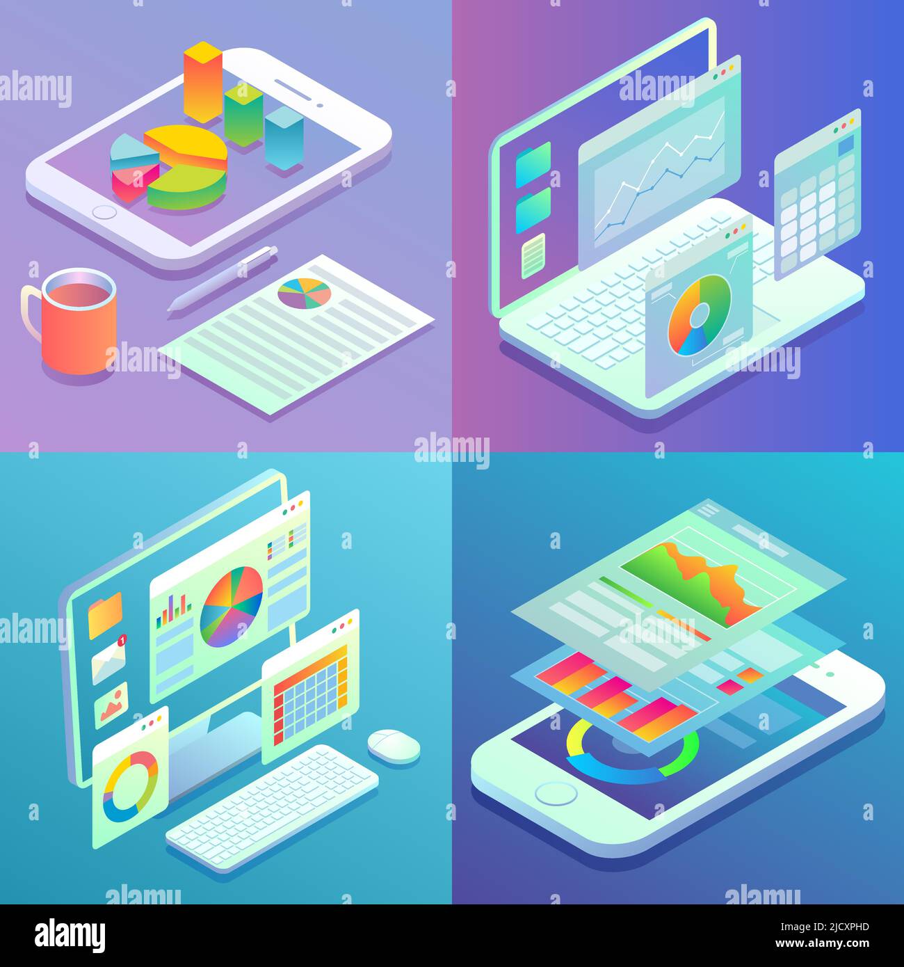 Mobile and web analytics concept vector flat isometric poster set Stock Vector