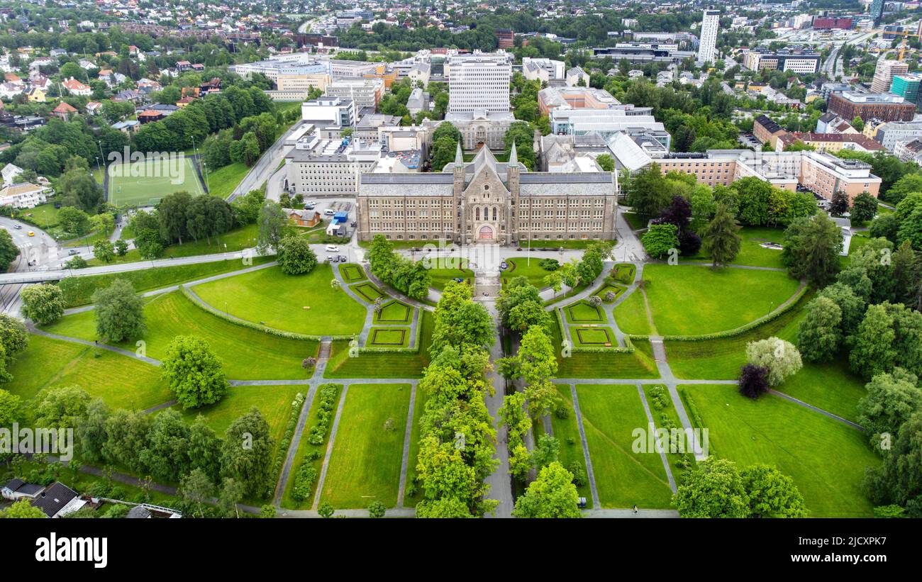 Trondheim 20220616.Drone image of NTNU, the Norwegian University of Science and Technology, which is a state university in Norway, and from 2016 the country's largest. It is headquartered in Trondheim and has campuses in Gjoevik and Aalesund. Photo: Gorm Kallestad / NTB Stock Photo