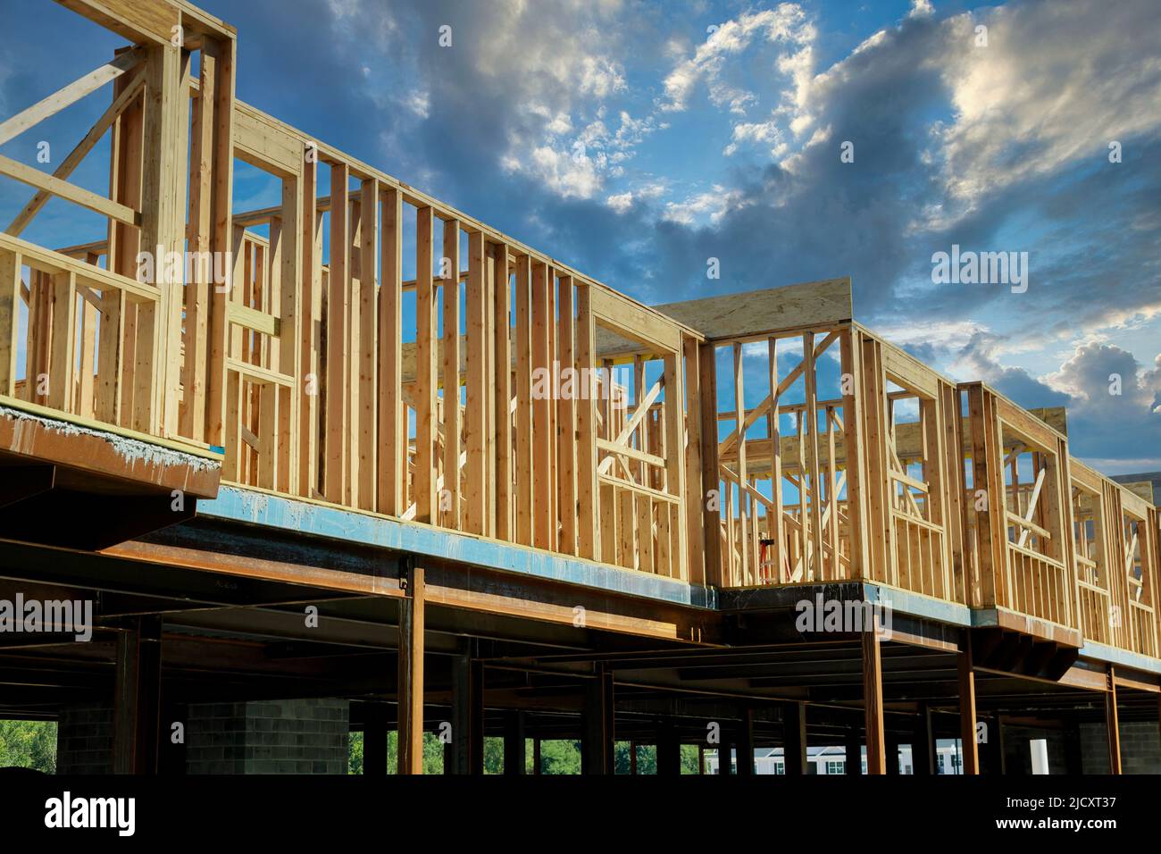 Construction wood framing beams of a new house under construction Stock Photo