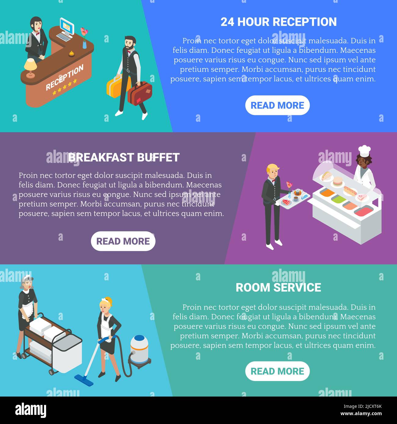 Hotel service concept vector flat isometric horizontal banner set Stock Vector
