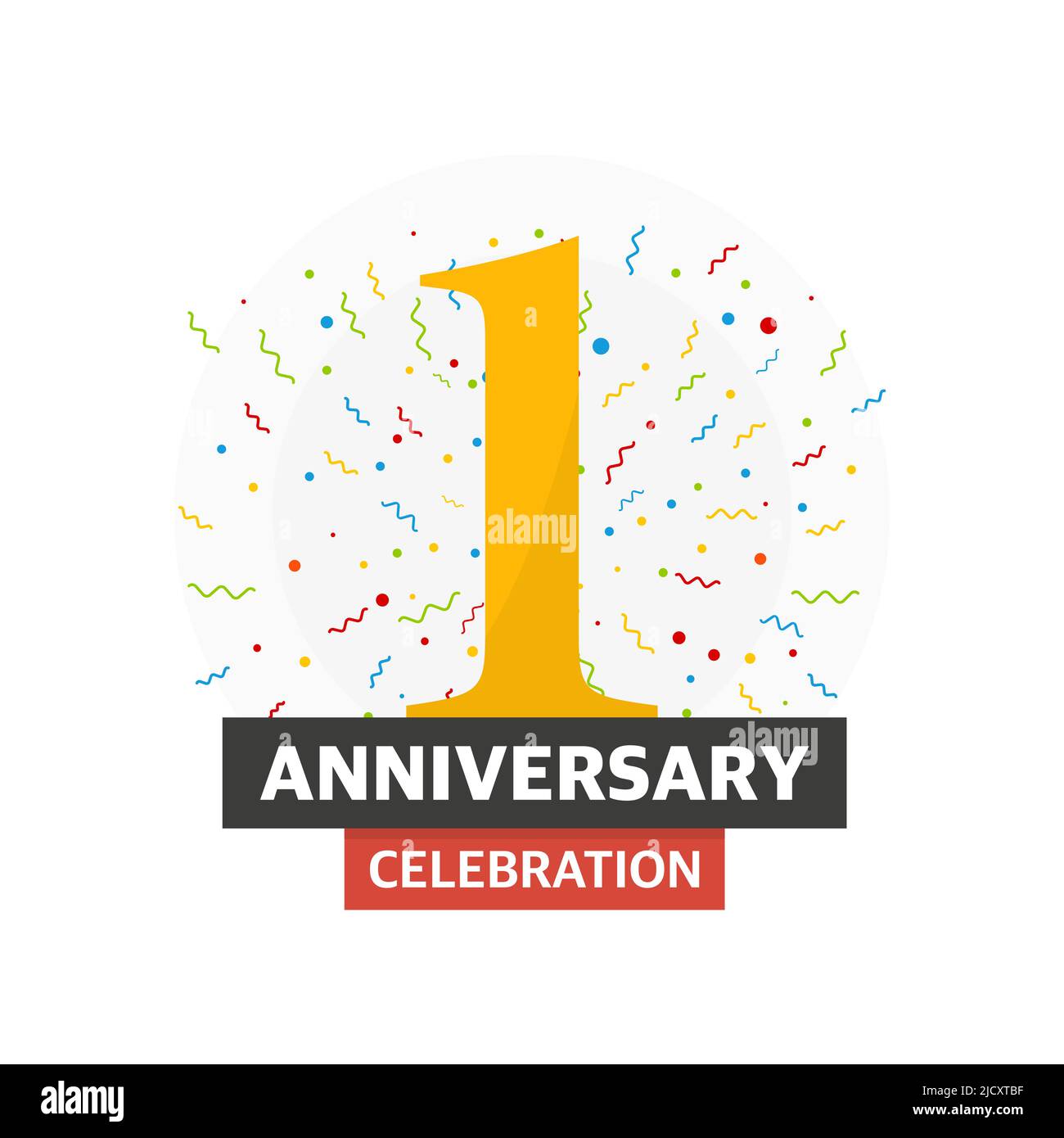 One year anniversary background with red ribbon and confetti on white Stock Vector