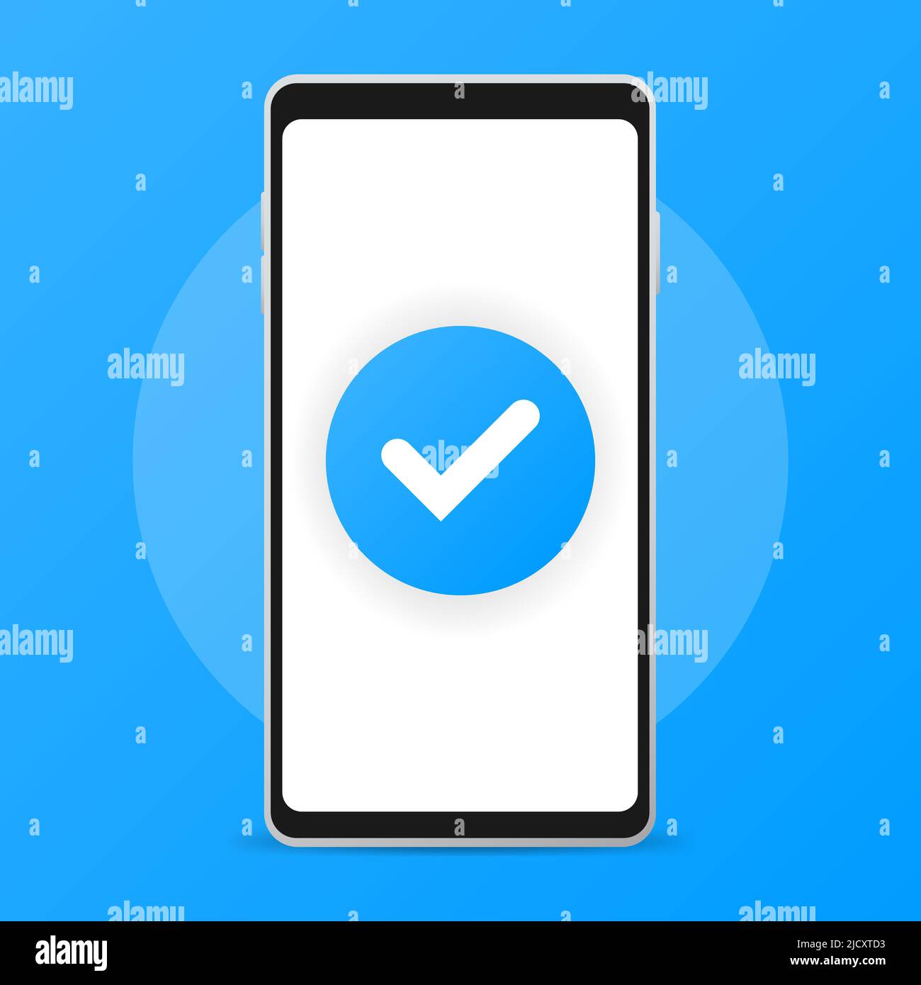 Smartphone and checkmark, flat cartoon mobile phone approved tick notification. Vector illustration Stock Vector