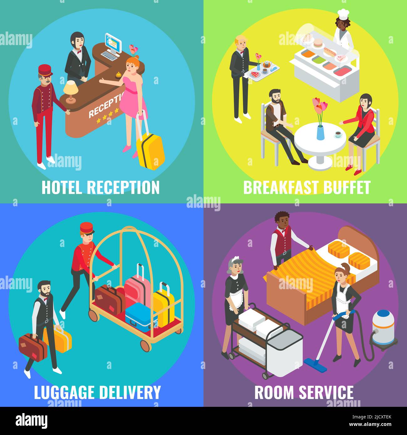 Hotel service concept vector flat isometric poster, banner set Stock Vector