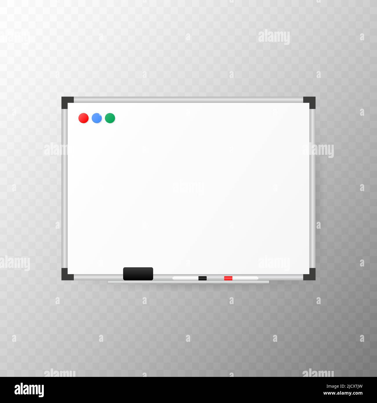 Empty whiteboard with marker, sponge-eraser and magnets. Stock Vector